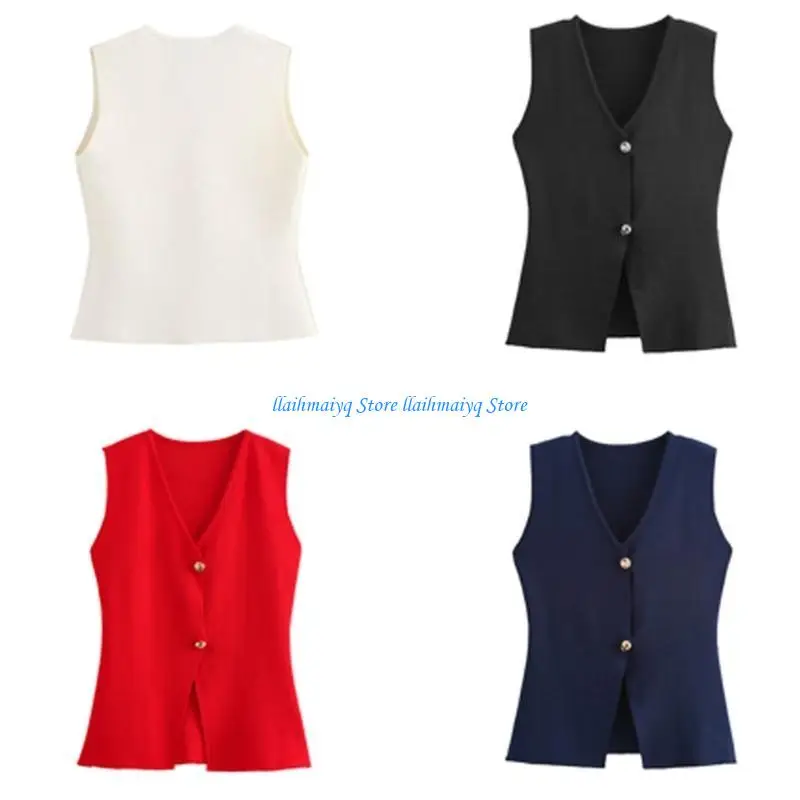 

573B Knit Short Vest Top for Women Button Up V Neck Sleeveless Sweater for Layering