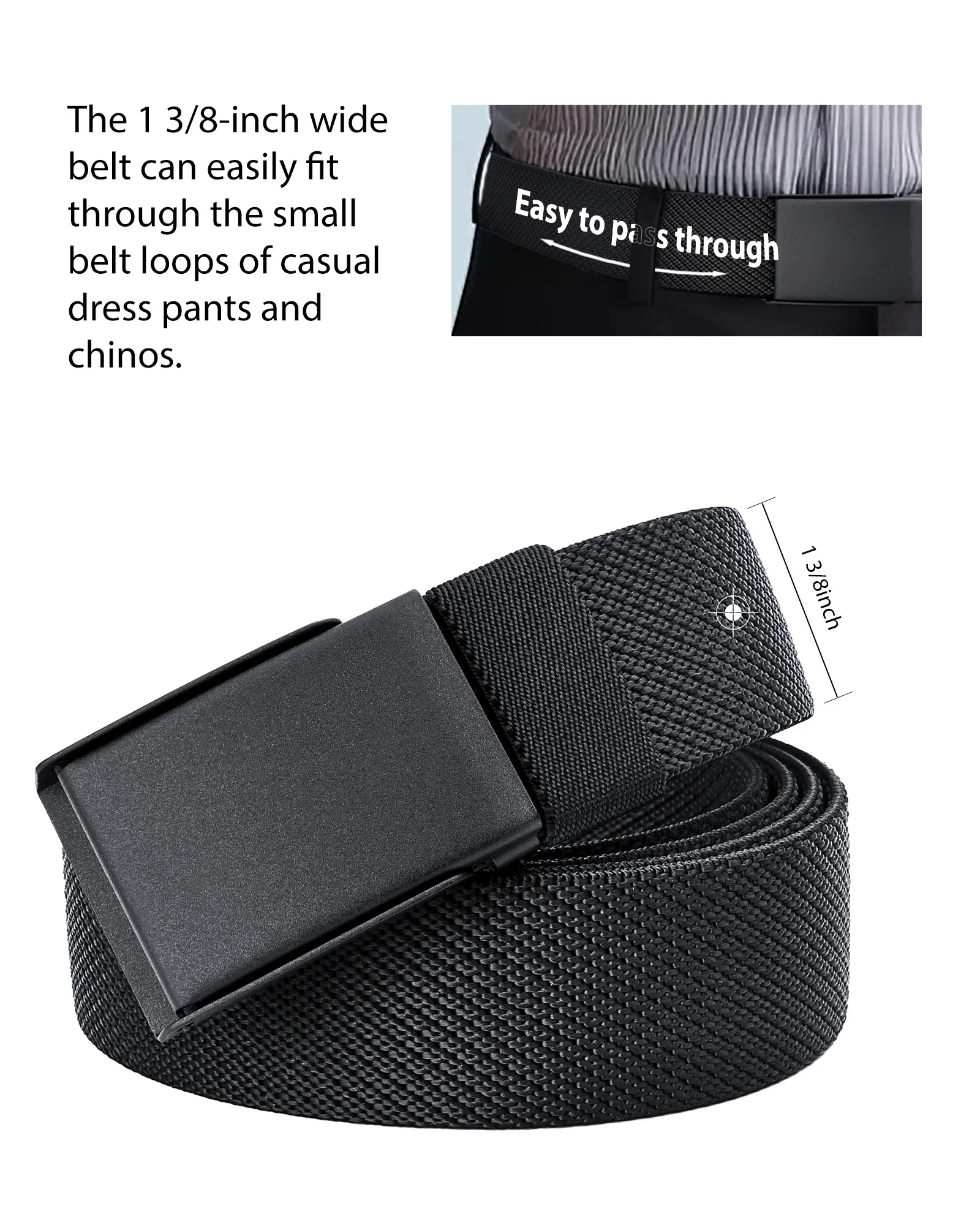 Herren-Gürtel, groß und breit, aus schwarzem, dehnbarem Nylon, bis zu 180 cm / 71 Zoll, mit Schnappverschluss, einfach zu verwenden, zum Zuschneiden geeignet, schmaler Gürtel – Detail 2