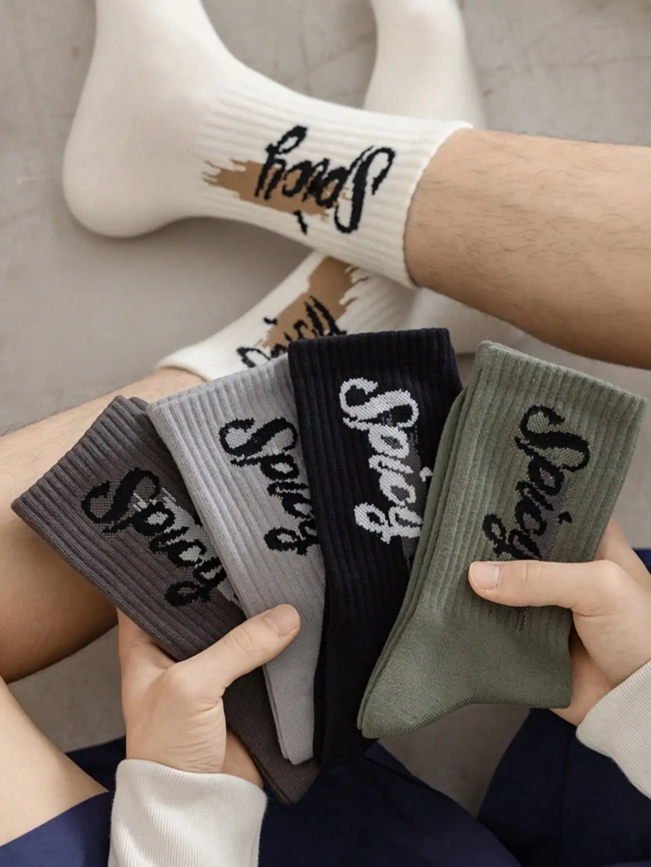 

5 Pairs Men's Stylish Trendy Mid-Calf Socks Autumn Winter For Teens And Students Suitable For Sports And Basketball