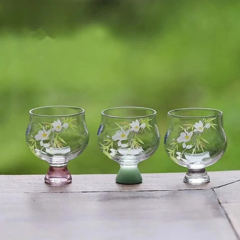 2pc/set Creative Spring Return Flower Galss Teacup Ceramic High Foot Master Cup Wine Glass Bowl Kung Fu Teaset Drinkware 60ml