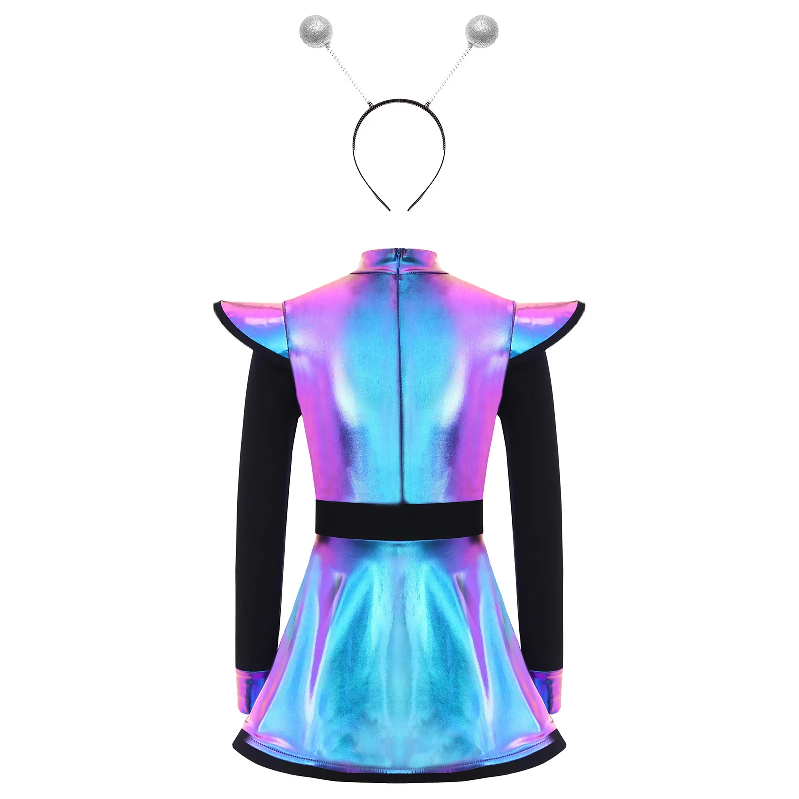 Children Girls Alien Space Cadet Robot Astronaut Costume Metallic Shiny Zipper Leotard Dresses Halloween Carnival Cosplay Dress