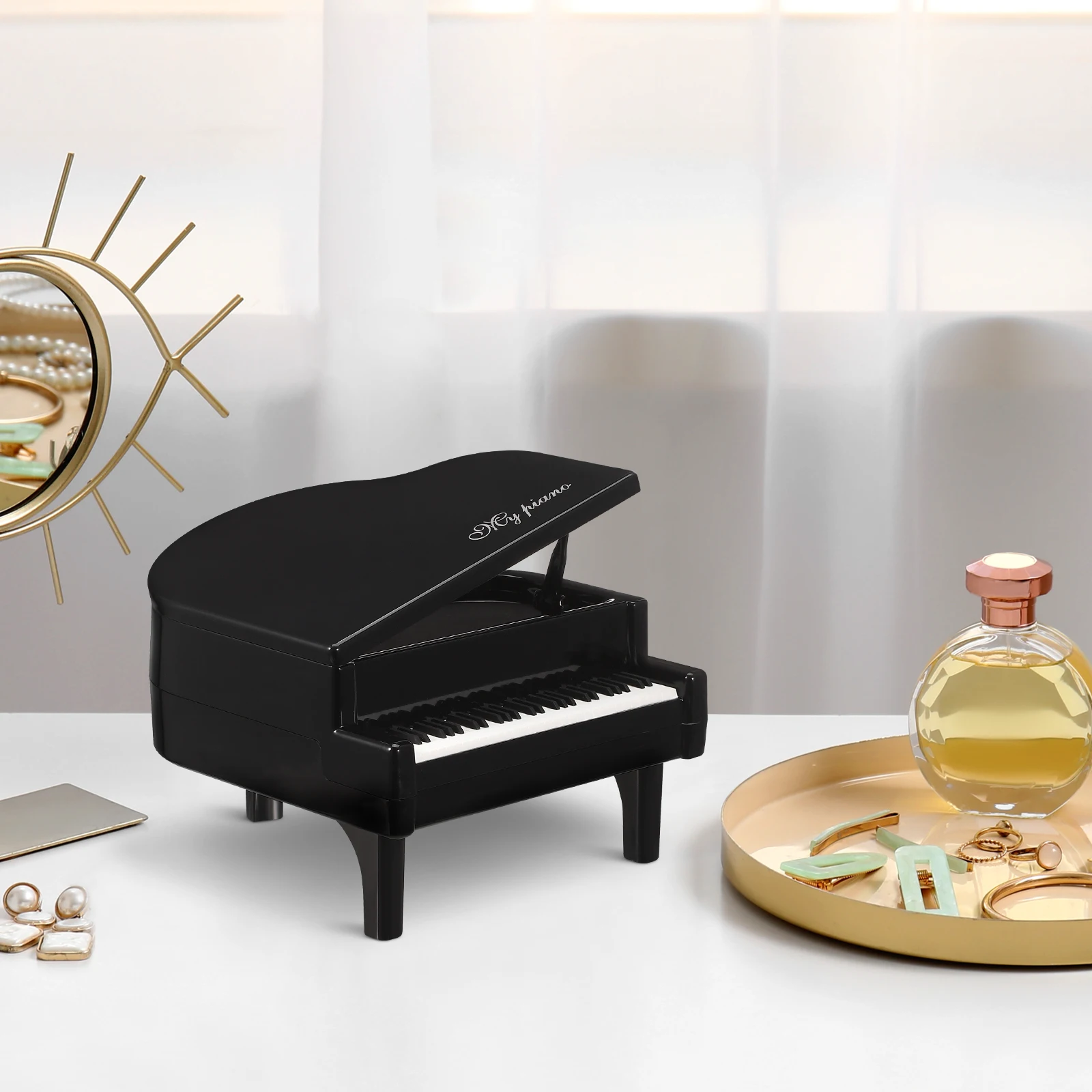 Czarne mini pianino ozdobne do dekoracji domu, na biurko, do projektowania wnętrz, instrument muzyczny, plastikowe pianino dekoracyjne.