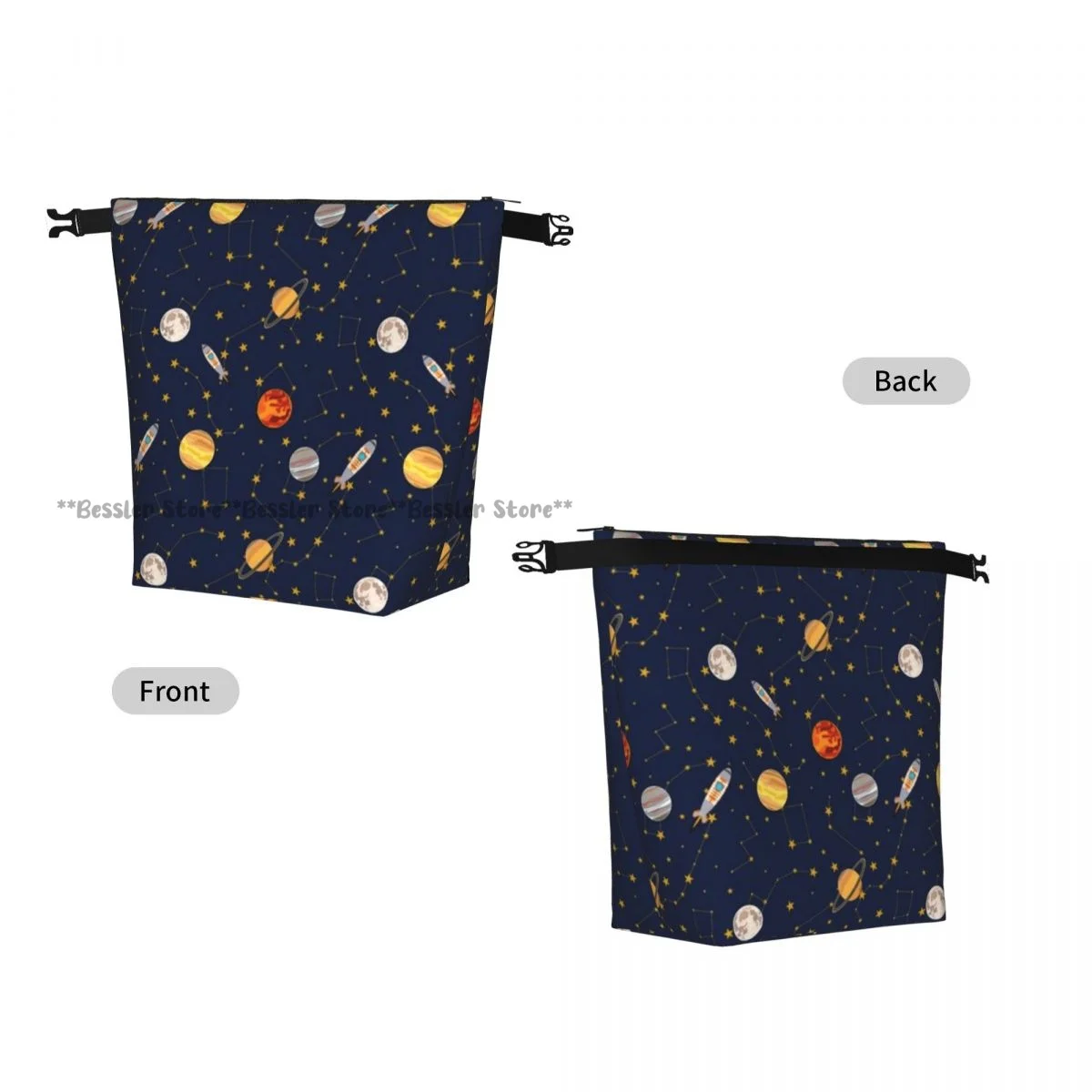 Portable Roll-top Insulated Cooler Lunch Bag Space Colorful Constellations And Planets Spaceship Rocker Thermal Food Bag