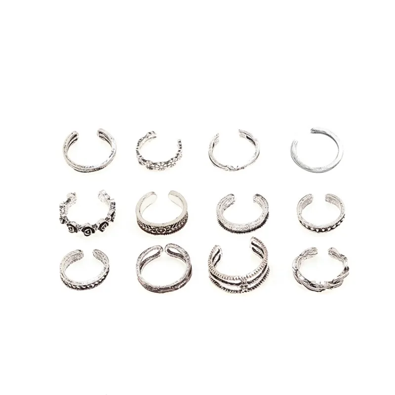 LENNIK New Trendy and Fashionable Seaside Toe Ring Set, 12 Piece Retro Antique Silver Cross-border Foot Ring, Toe Ring, Ring