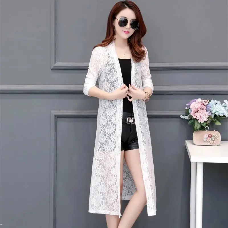 Women Lace Hollow Shawl Coat Mid-length Women Summer Long-Sleeved Cloak Coat Female Thin Air-Conditioning Shirt Sunscreen Clothe