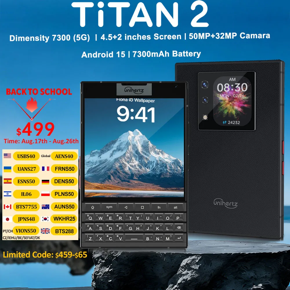 Unihertz Titan 2 Smartphone 5G Android 15 mit physischer Tastatur Dual Screen 12 GB 512 GB Abmessung 7300 Dual SIM 50 MP Kamera