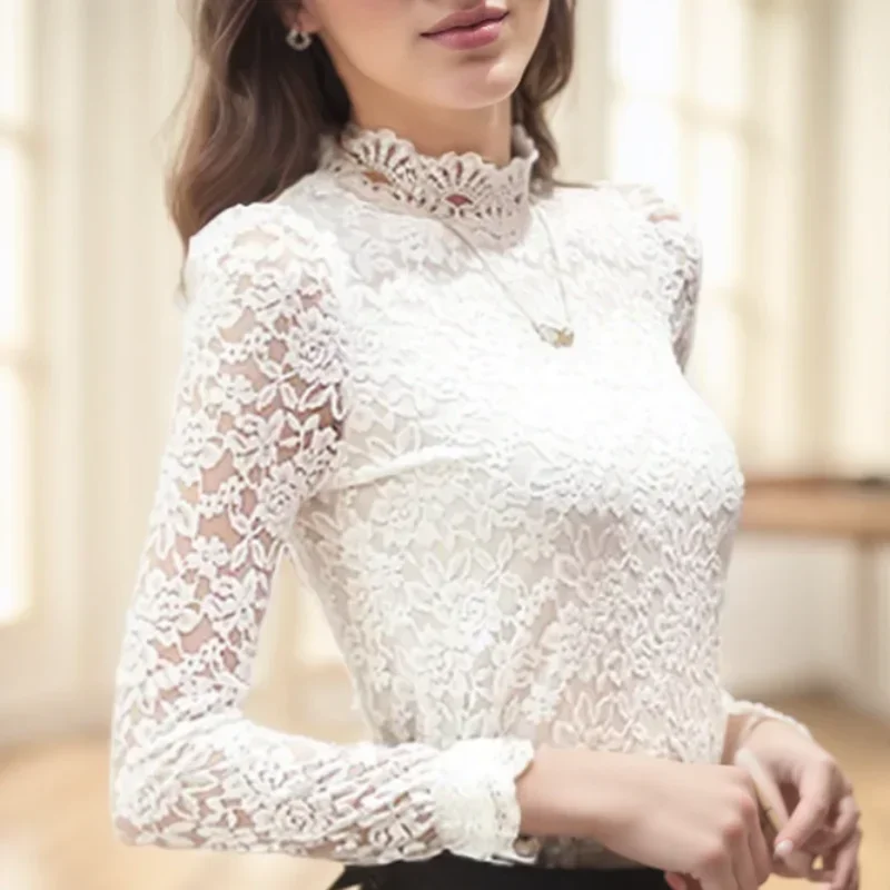 Fashion Lace Hollow Out White Women Blouse Spring Long Sleeve Shirts Office Lady Elegant Stand-up Collar Top