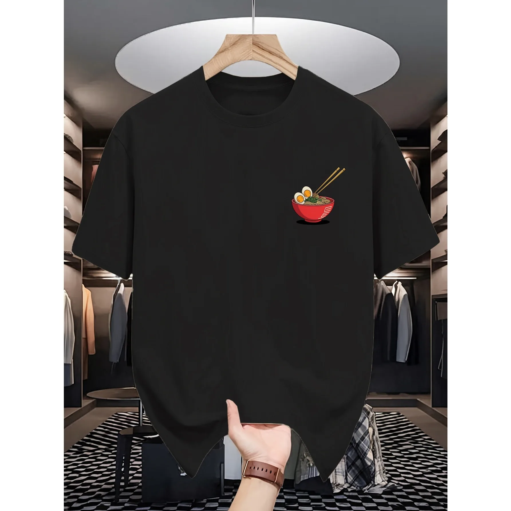 Summer Men's Fun Ramen Pattern T-Shirt with Japanese Cuisine Print 100% Cotton Loose Short-Sleeved Casual Shirt Outdoor Comfort