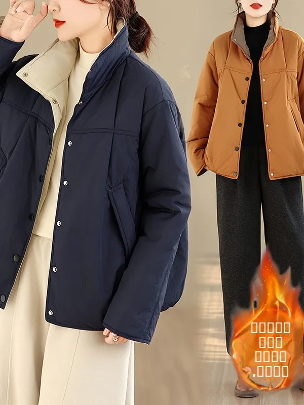 الرجعية التباين اللون الوقوف طوق القطن Jaet المرأة الشتاء Faion عارضة الدافئة ort Thiened معطف القطن الصغيرة المتشابكة #3