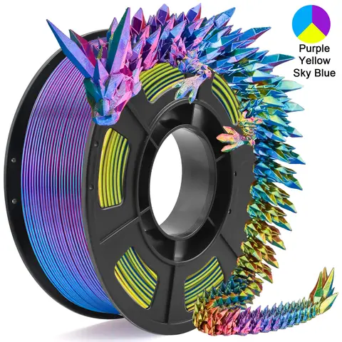 Tricolor Silk PLA 3D Printer Filament, 1.75mm Multicolor 3D Printing Filament, Purple&Sky Blue&Yellow Filament, 250g (0.55lbs)