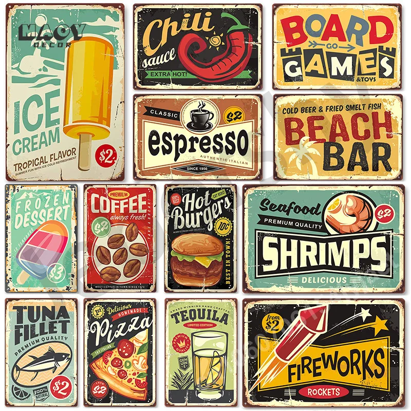 Coffee Ice Cream Metal Tin Signs Pizza Beverage Burger Fruit Poster Cafe Sign Plate Home Kitchen Dinning Wall Decoration Plaques