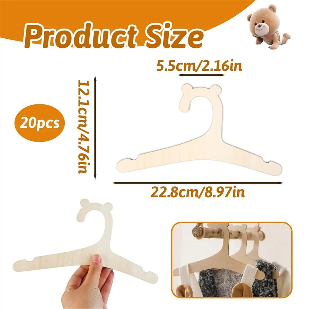 ABYA Wooden Kids Hangers, 20Pcs Baby Coat Hanger for Clothes 9In Kids Baby Toddler Children Wooden Hangers, for Clothes&Pants