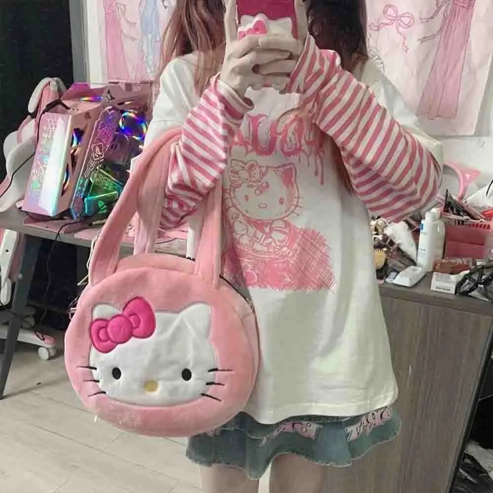 

Hello Kitties Women's Long Sleeved T-Shirt Autumn Cartoon Fake Two Piece Top Loose and Comfortable Y2K Fashion Anime Cute Girl