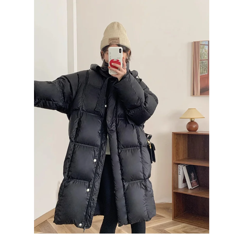 Long Down Coats  Women\'s Down Jacket Winter  Thickened Warm Loose Hooded Oversized  White Duck Down Fashion Padded Cold Parka