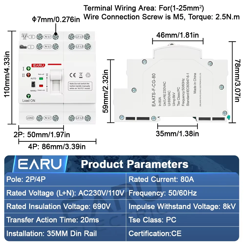 EARU 2P 4P 80A AC230V/110V Automatic Transfer Switch Mini ATS Solar PV Dual Power Electrical Selector Switch Uninterrupted Power