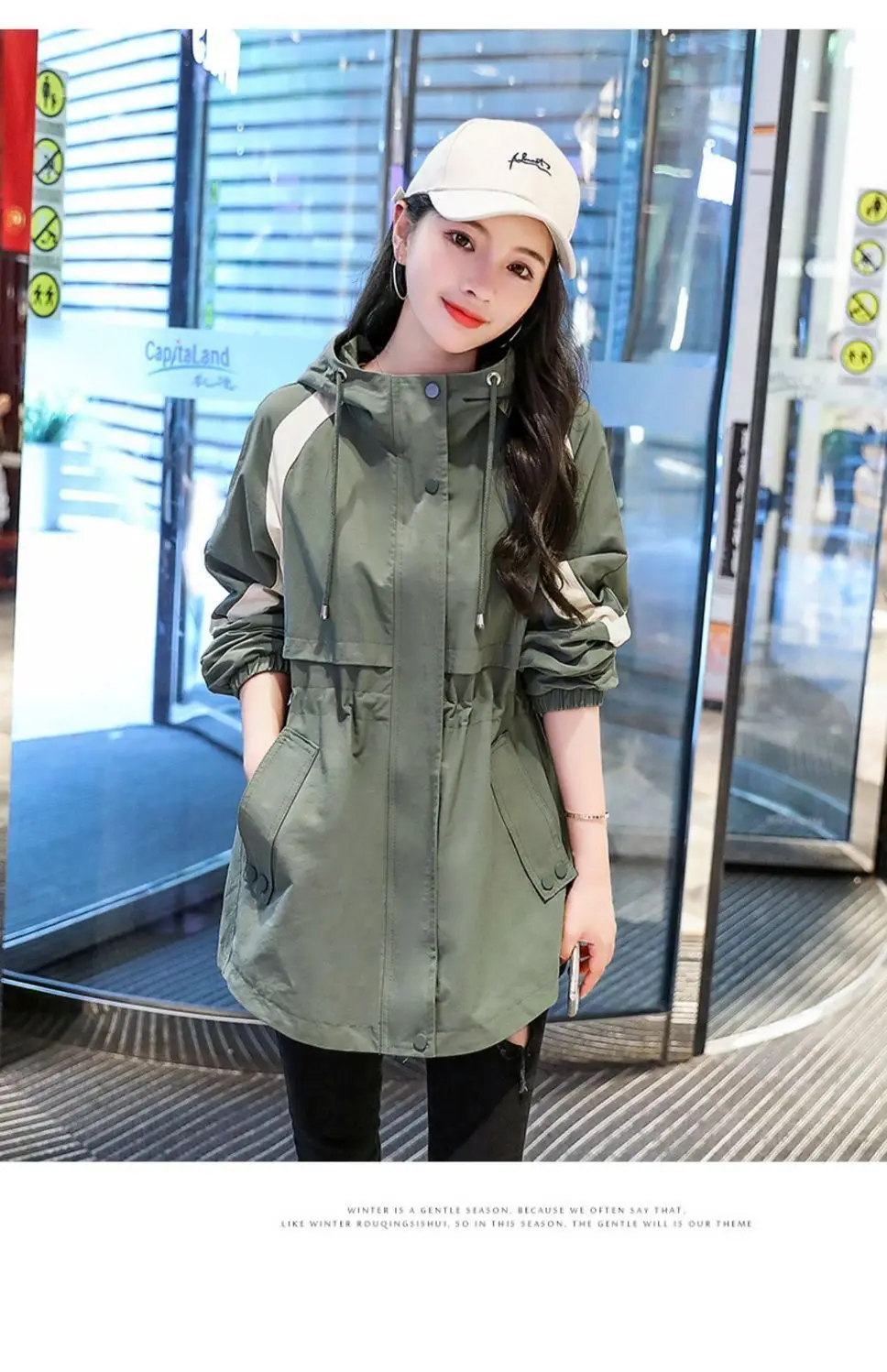 

Korean version Women Trench Coat 2024 New Spring Autumn Hooded Sided Mid Long Windbreaker Ladies Hooded Outcoat Tops B530