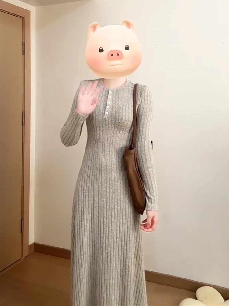 Koreaanse Sle Lange Sve Gebreide Dr vrouwen Thiened A-lijn Basisrok Herfst Winter Nieuwe Sle Afslanken Hoge Taille Dr