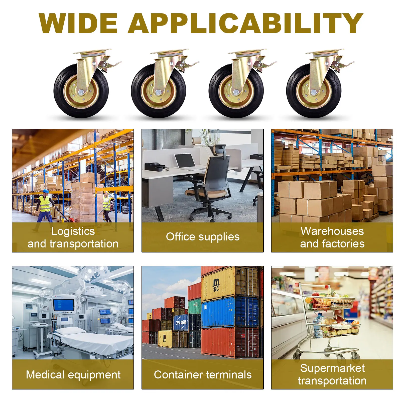 ล้อเลื่อนสำหรับงานหนัก, ล้ออุตสาหกรรมขนาด 8 นิ้ว, ล้อเลื่อน 4 ชิ้น, หมุนได้ 360 องศา, ล้อเลื่อนสำหรับงานหนัก (มีเบรก)