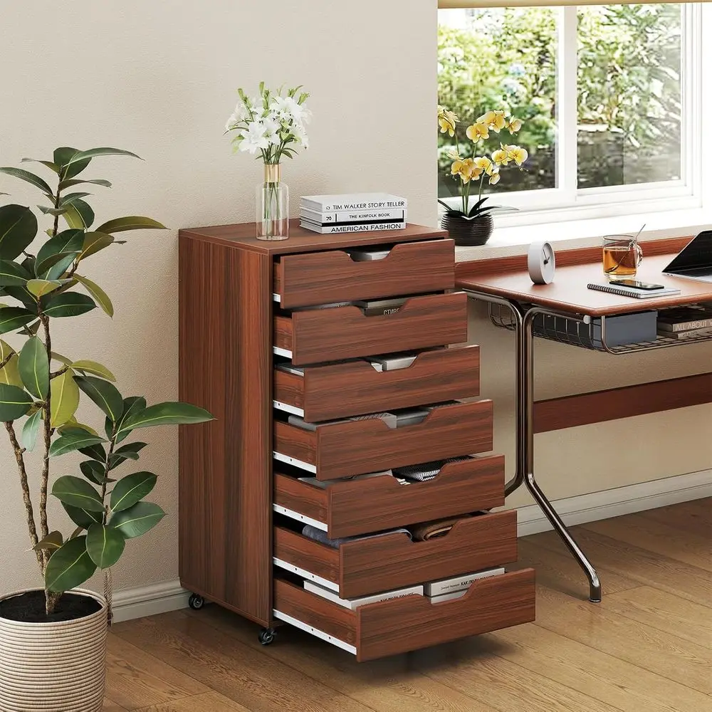 

Walnut Mobile Storage Cabinet with Lockable Wheels, 16D x 19.5W x 34.5H for Home or Office Use