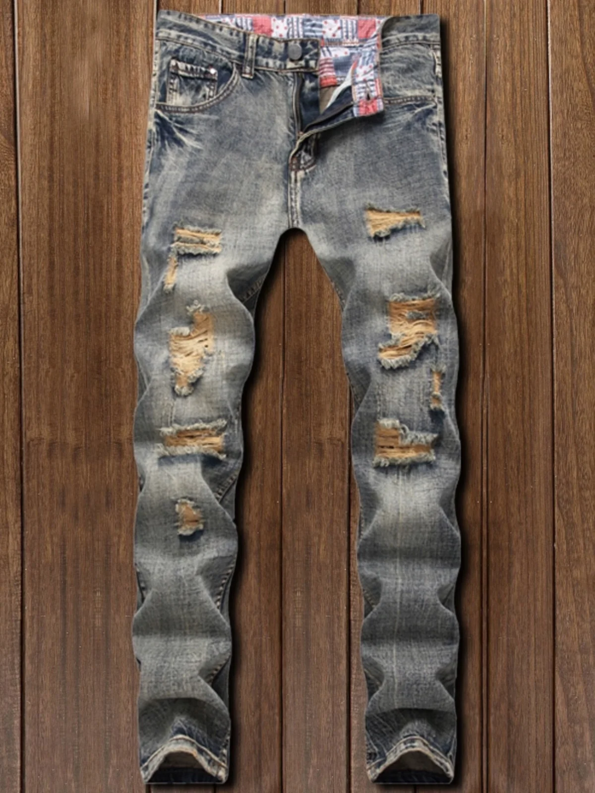 

Мужские джинсы в стиле ретро, модные облегающие прямые брюки, длинные брюки в корейском стиле, универсальные повседневные джинсы с перфорацией