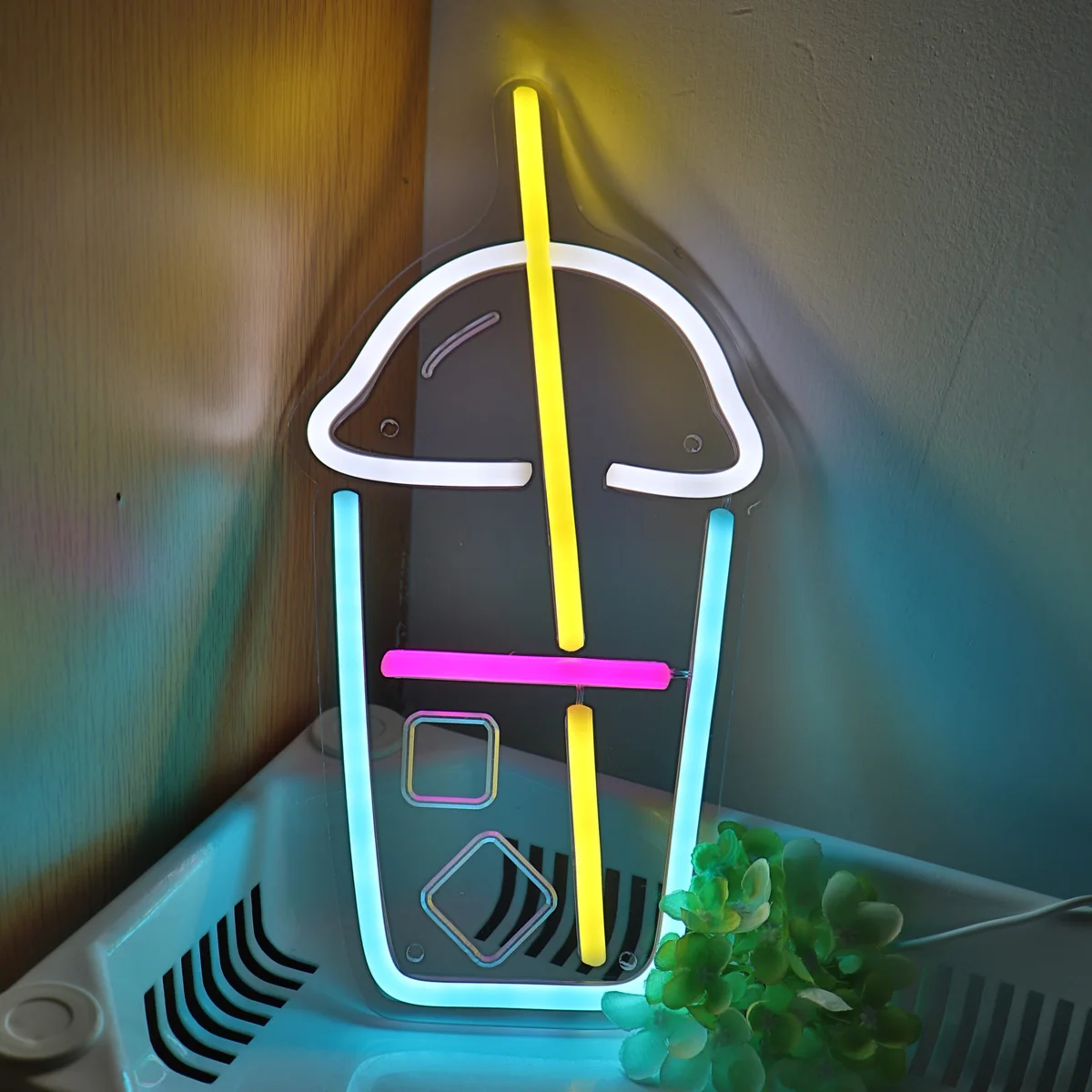 Bebida Copo Plástico Forma com Curva Cubos de Gelo LED Wall Neon Signfor Leite, Chá, Coffee Shop, Decoração da Parede, 5,91 \