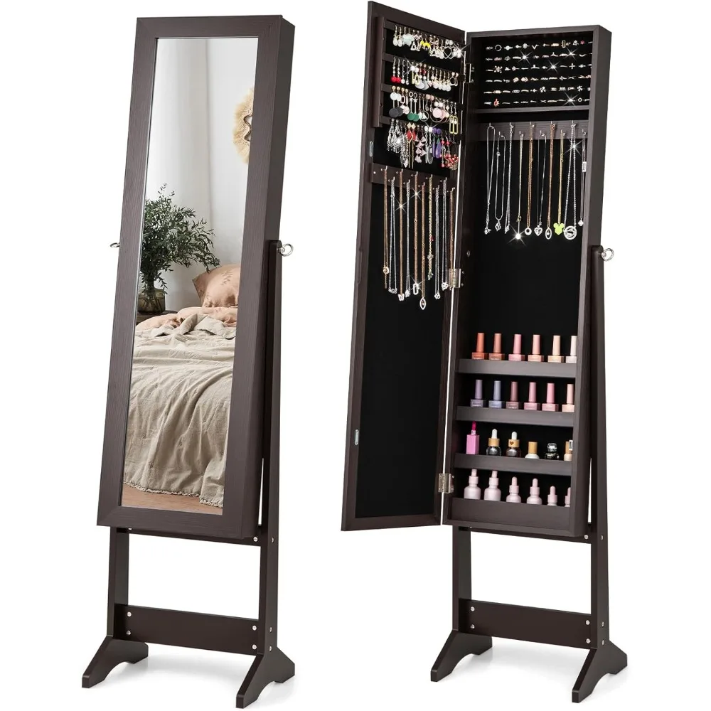 

Jewelry Cabinet with Full-Length Mirror, Standing Jewelry Armoire Organizer with 64 Earring Slots, 20Necklace Hooks,72Ring Slots