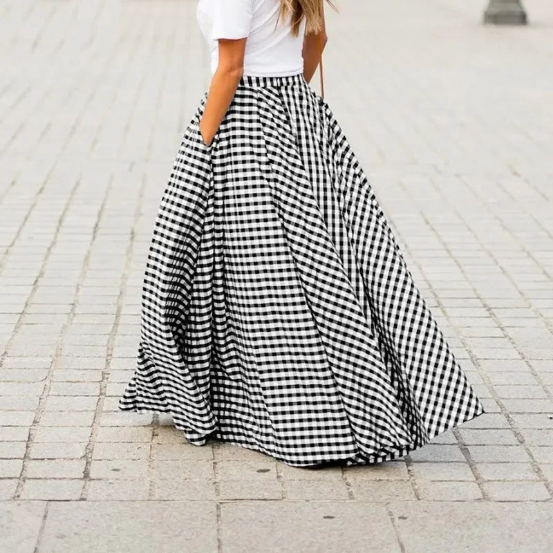 Fashion Plaid Skirt Women Boho Long Dress Summer Elegant Sexy Elastic Aline Skirt Lady Casual Loose High Waist Skirt With Pocket