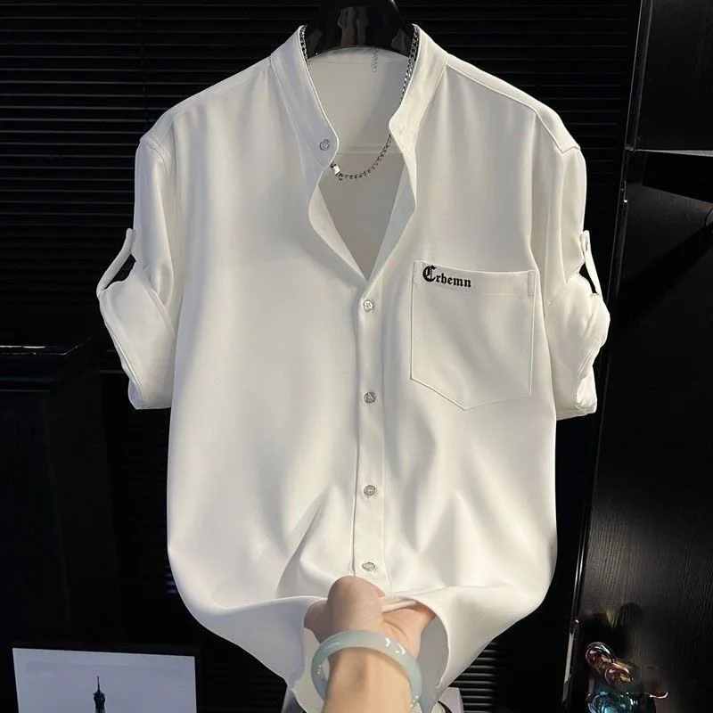 Solid color short sleeved shirt cardigan for boys in summer 2026, new high-end and cool shirt, trendy brand loose jacket