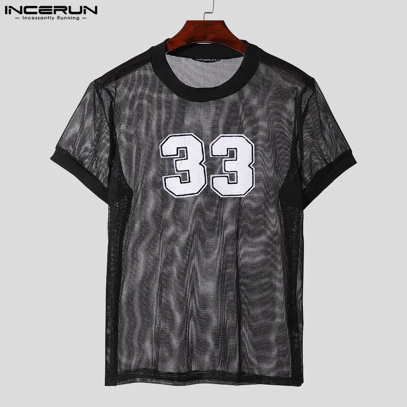 INCERUN Tops American Style Fashion Men Mesh Fabric Digit Printed T-shirt Casual Personality O-neck Short Sleeved Camiseta S-5XL