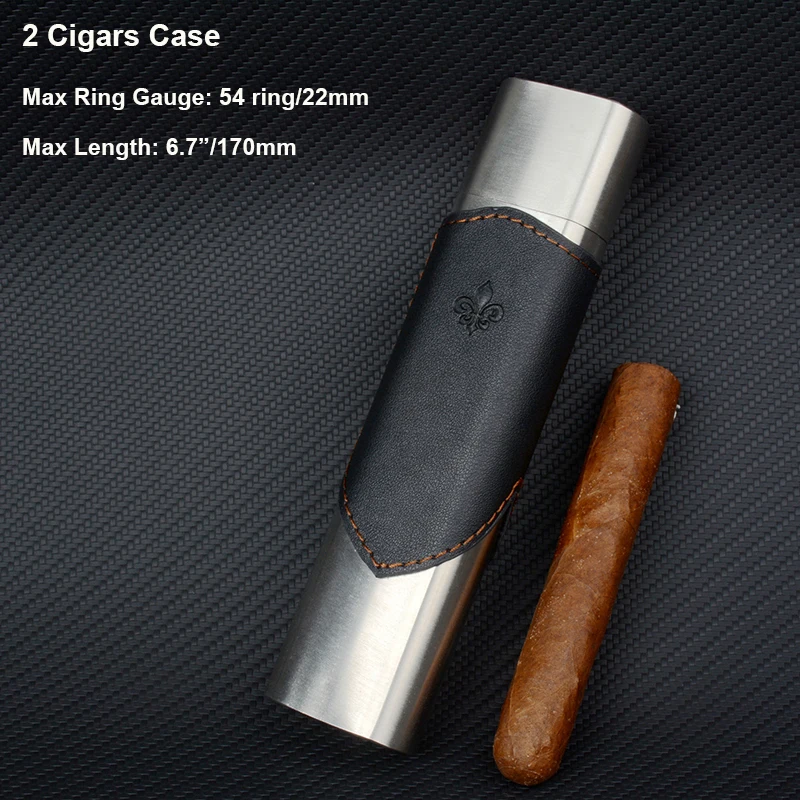 

PU Leather Cigar Case 54 Ring Stainless Steel Cigar Holder 6.7" Long Mini Cigar Box 2 Tube Travel Cigar Humidor Accessory