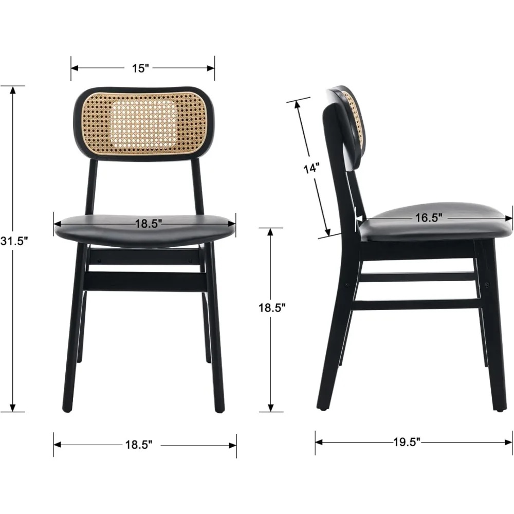 Mid Century Modern Rattan Chairs Set, 2 Curved Back Farmhouse Dining Chairs with Leather Seats for Kitchen