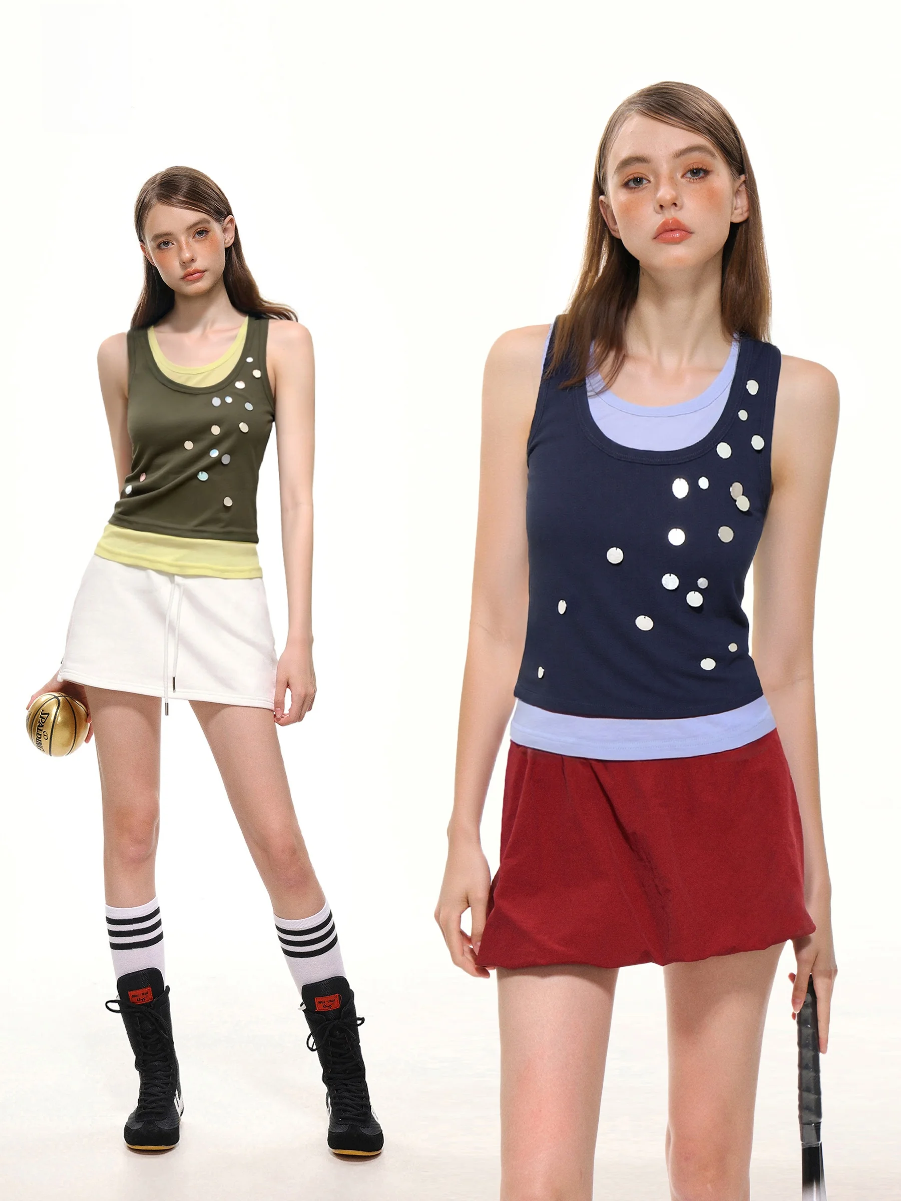 

Sexy American Style Hot Girl Color Block Contrast Summer Slimming Sleeveless Vest Top Women's Fashion Outerwear Casual Wear