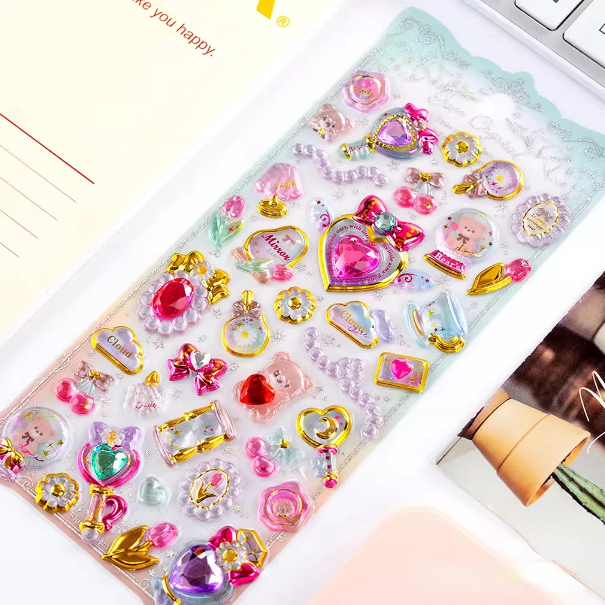 Kawaii Delicate 3D Girly Gemstone Gilding Stickers Scrapbooking Diy Journal Stationery Sticker Deco Art Supplies Gift Prizes Kid