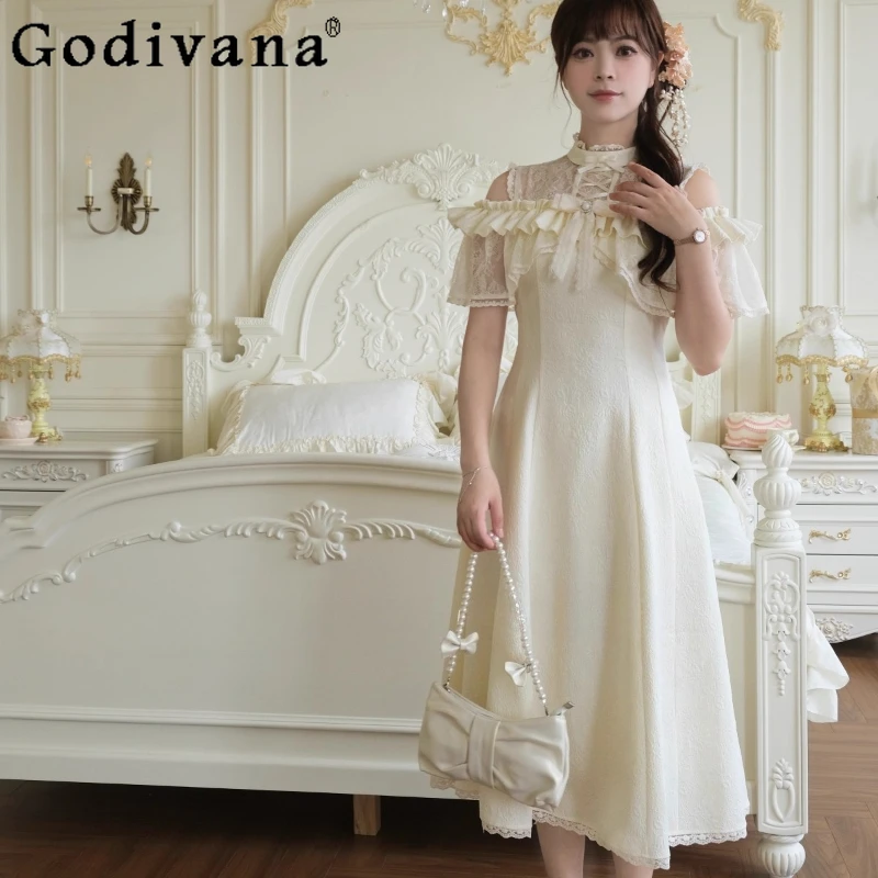 Vestido elegante estilo japonês para mulheres, ombro de fora, gravata transparente, longo, lolita, verão, laço, vestido de princesa