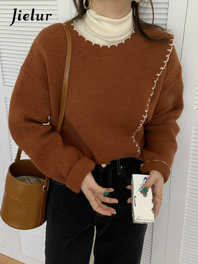 Jielur Elegant Chic Sweater Women O-Neck Contrast Loose Split Long Sleeve Pullover Office Lady Fashion Knitwear Tender Casual