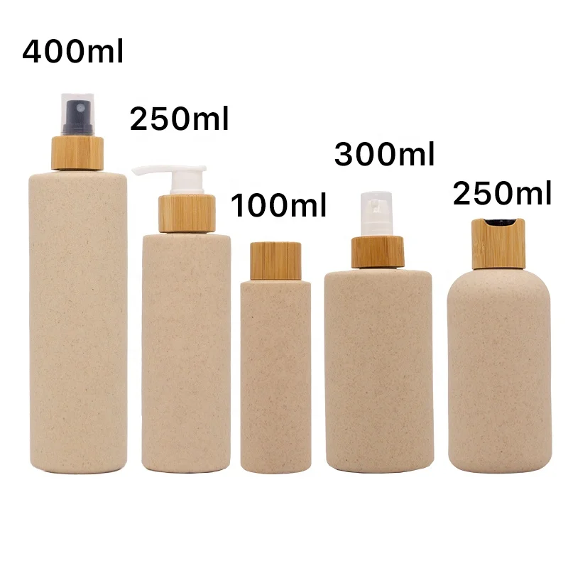 Eco friendly Home Bath Shampoo lotion Empty Cosmetic packaging bamboo Pump Packaging Wheat Straw Biodegradable bottle 250ML