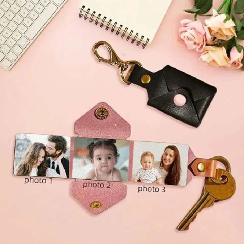 PU Leather DIY Photo Keychain Thermal Sublimation Folding Style Personalized Keychain European Style Photo Holder Keyring