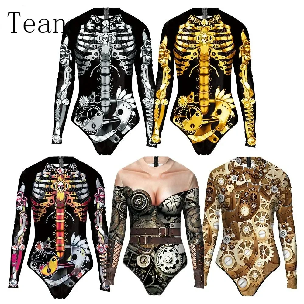 Teanoon Punk Women Sexy Bodysuits Fashion One Peice Ladies Long Sleeve Swimsuit 3D Print Zentai Suit Cosplay Party Costume