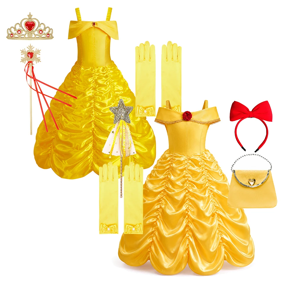 Girl Yellow Princess Dress Kids Layered Costume with Wand Gloves Accessories Set Halloween Cosplay World Book Day Party Dress Up