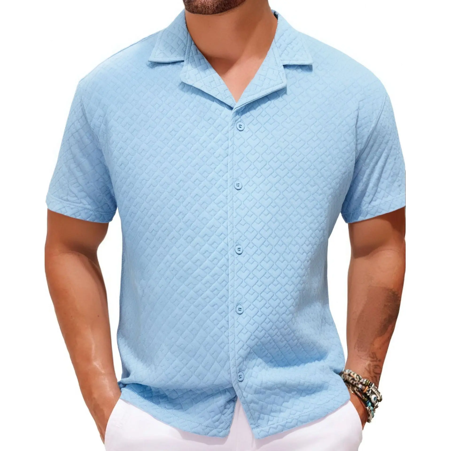 Summer New Men's Casual Short Sleeved Shirt with Cuban Collar Button Down Casual Floral Shirt Streetwear