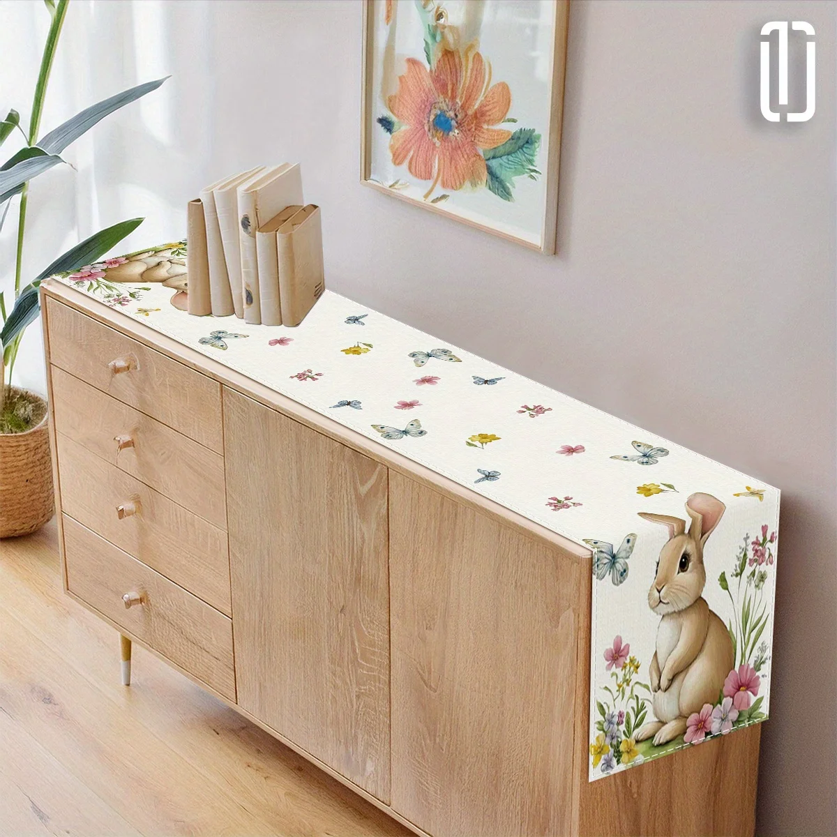1 Stück Oster-Hasen-Schmetterling Blumen-Tischläufer im Frischen Landhausstil Esstisch-Dekoration Langer Stoff Polyester Tischdekoration Zubehör