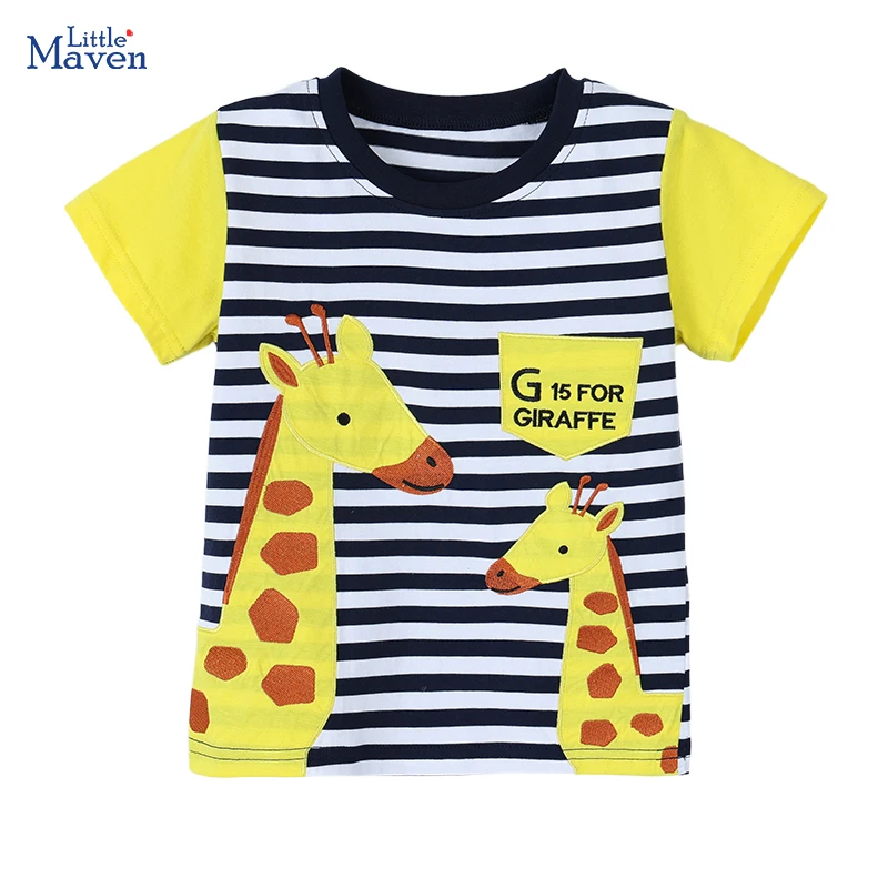 Little Maven 2026 Neue Sommer-Babykleidung für Jungen, Oberteile, T-Shirts mit Cartoon-Giraffen, gestreifte T-Shirts für Teenager
