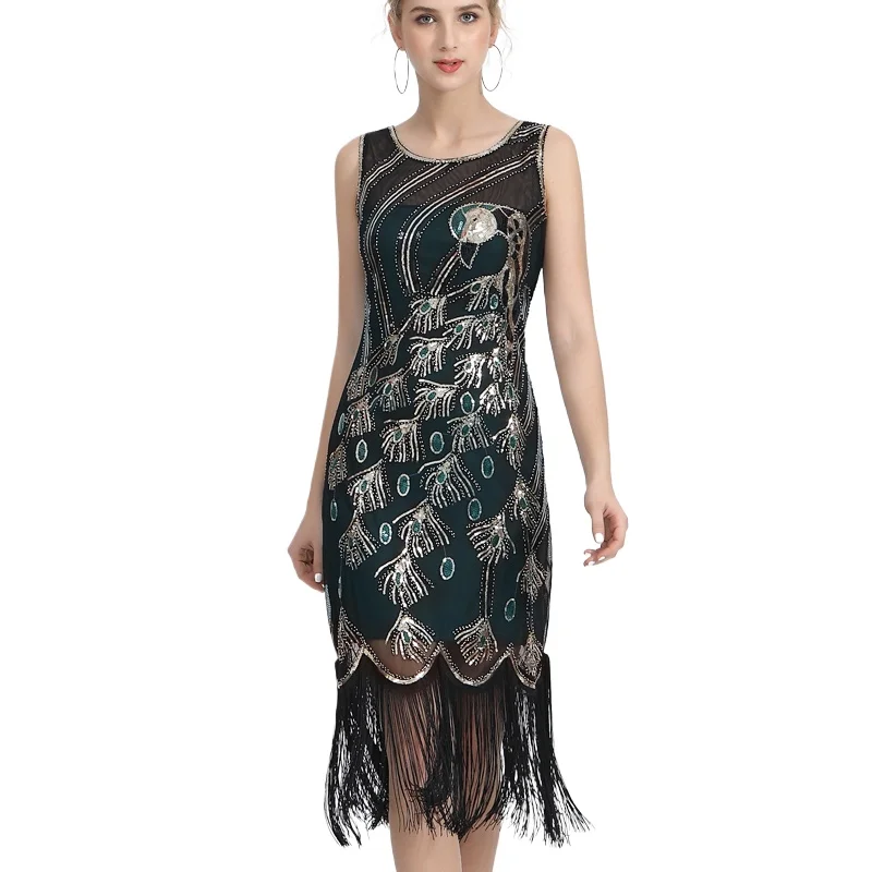 

Women Beaded 1920s Vintage Peacock Sequin Fringed Party Flapper Dress O-Neck Roaring Great Gatsby Dress Gabster Fancy Costume