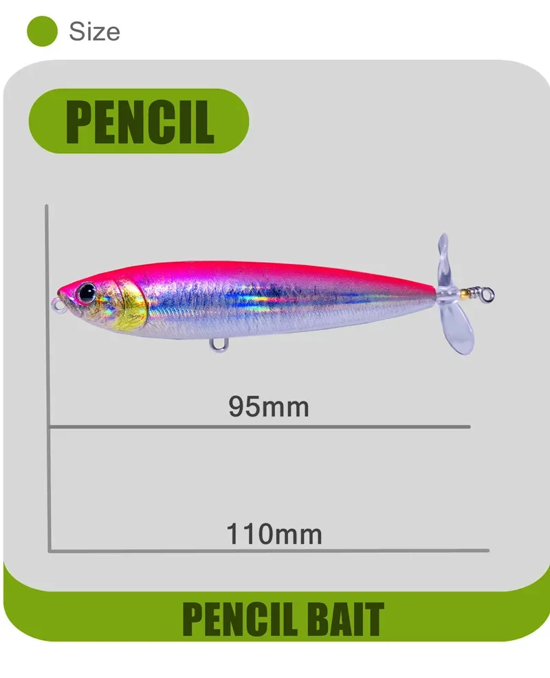 GREENSPIDE Propeller Bleistift Topwater Angeln Köder 95mm 12,5g Bass Fishing Tackle Angeln Zubehör Salzwasser Lockt Fisch Köder – Detail 3