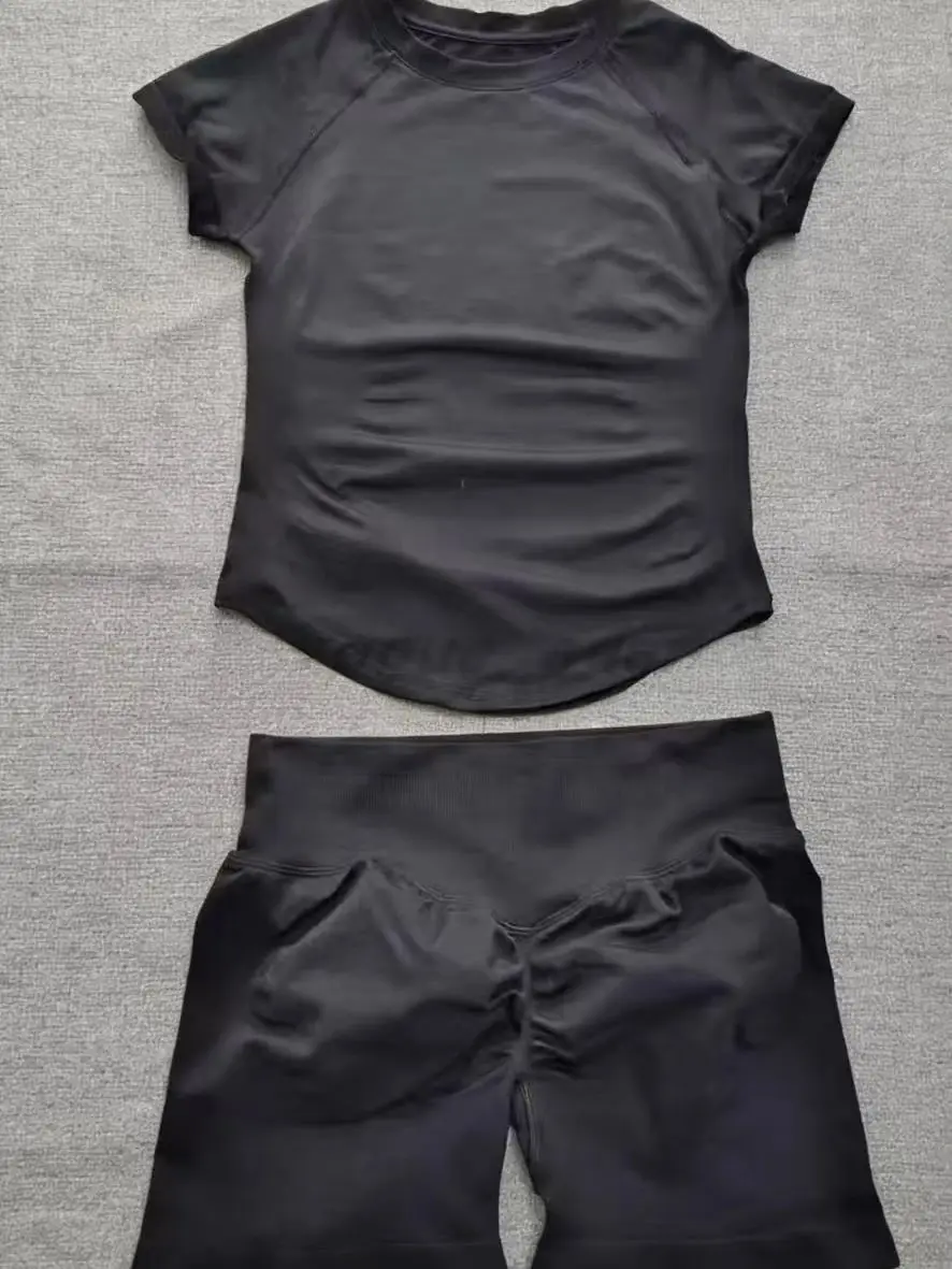 2-delig dames sportpak met lange, korte mouwen, buikvrij, hoge taille, sportshort, fitnesspak, yogapak, ademend D - afbeelding 2