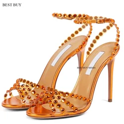 Tacchi alti con strass di lusso Décolleté da donna Bocca di pesce Sandali con tacco sottile sexy Abito da sposa Scarpe estive Sandali firmati Mujer