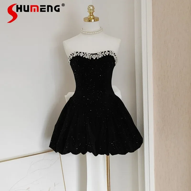 

French Style Diamond Drills Vestidos Mujer Gold Velvet Fish Bone Waist Three-dimensional Bow Streamer Tube Top Dress Bud Dresses