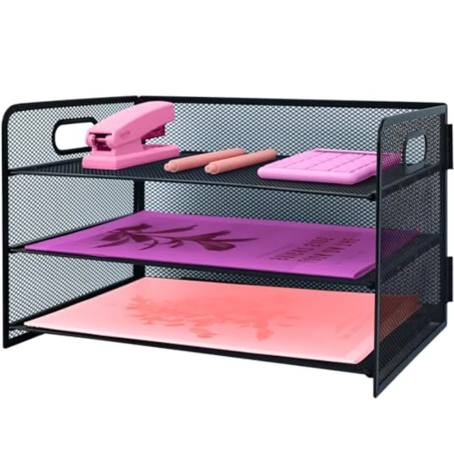 

3 Tier Lettrer Tray Organizer with Handle, Metal Mesh Desk File Organizer with Sliding Trays, Paper Sorter Desk for Home Office