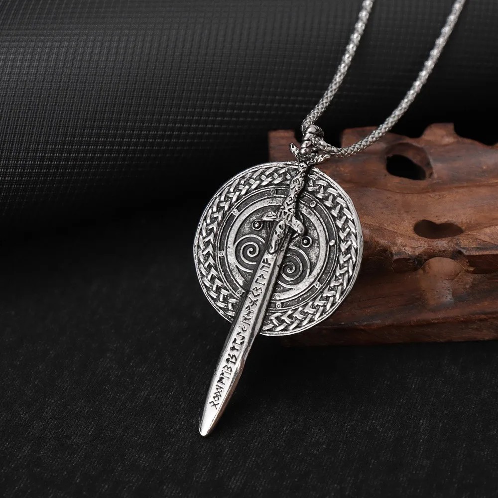 New Vintage Warrior Sword Shield Pendant Men's Necklace Gothic Hip Hop Style Creative Long Accessory Necklace