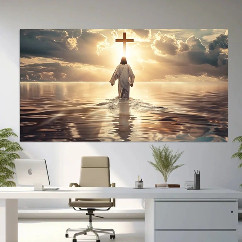 Watercolor Jesus Christ Walking on Water Religious Seascape Poster Canvas Painting Wall Art Pictures Home Room Decor Gift